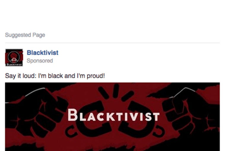Facebook screengrab of Blacktivist suggested page ad.