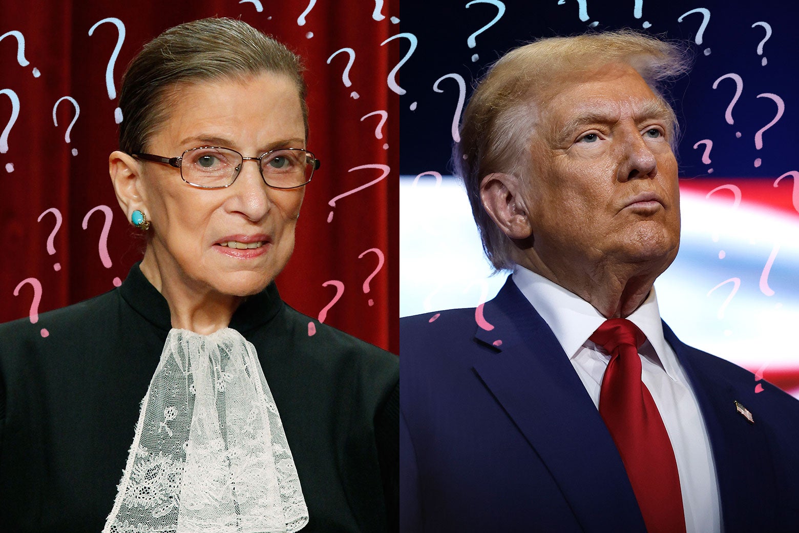 A diptych of Ruth Bader Ginsburg and Donald Trump, with question marks around both of their heads.