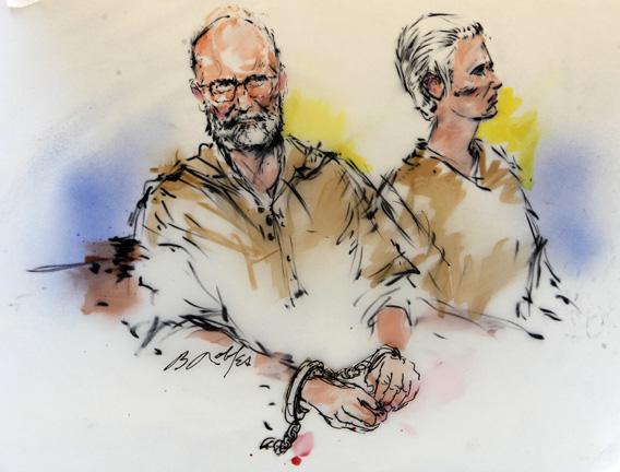 Accused Boston crime boss James "Whitey" Bulger (L) and his girlfriend Catherine are shown during their arraignment in federal court.