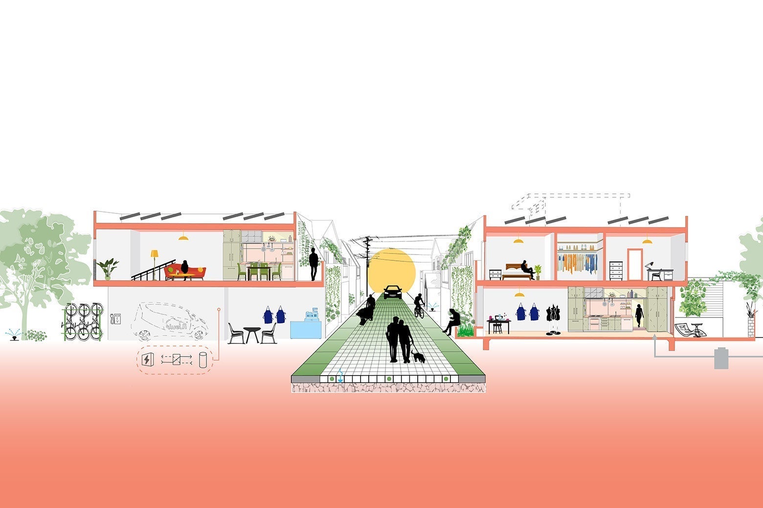 A diagram showing an alleyway rehabilitated as a quiet residential street.