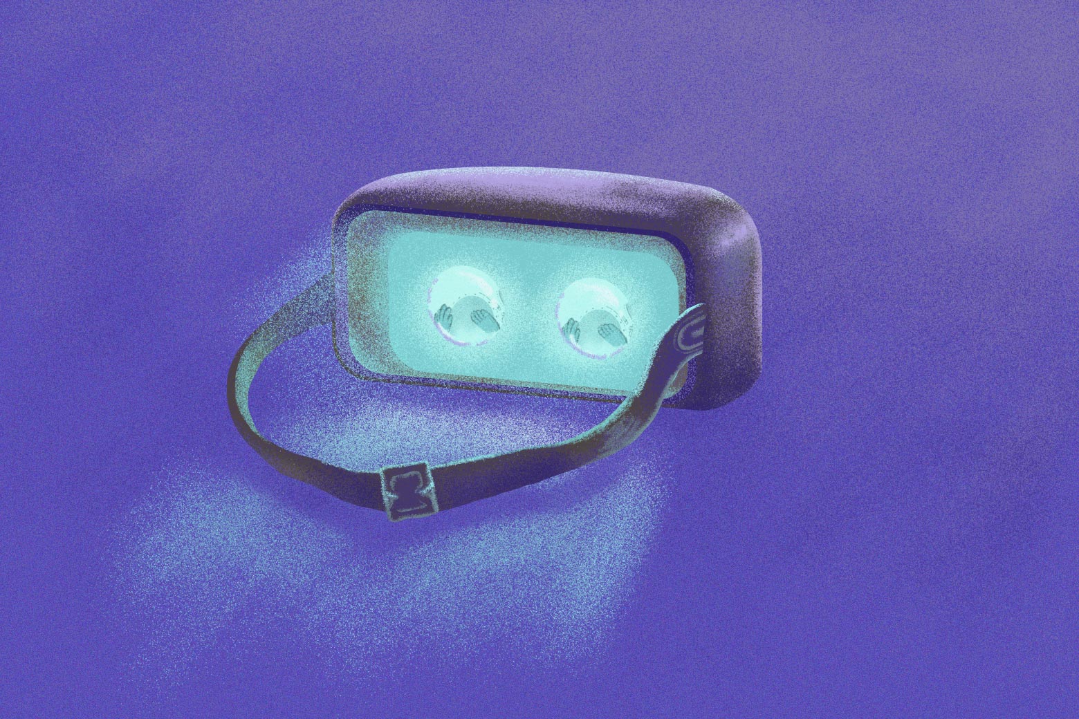 An illustration in blues and greens of a virtual reality video game headset.