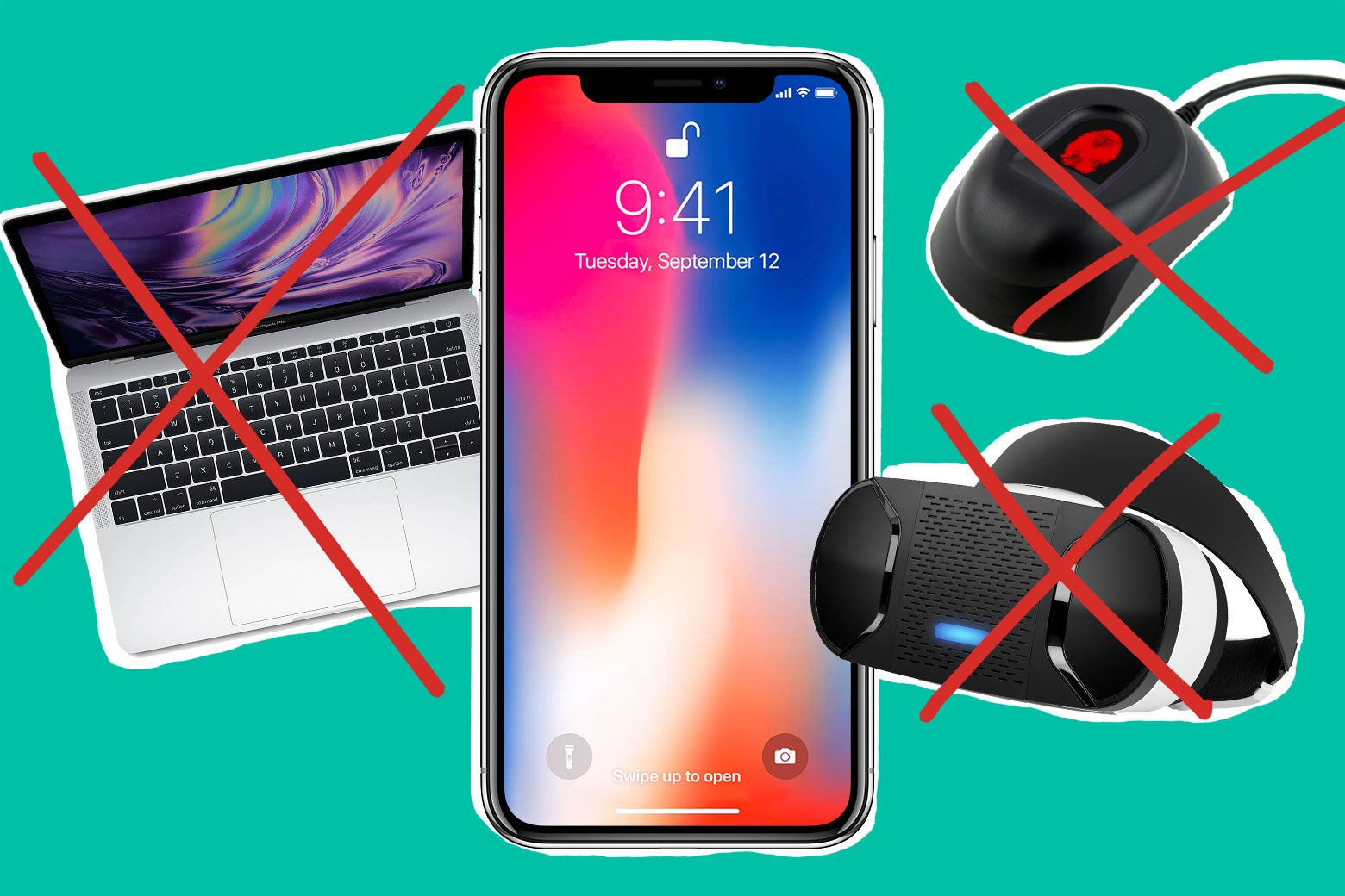 Grouping of electronic products all crossed out with and iPhone X in front of them.