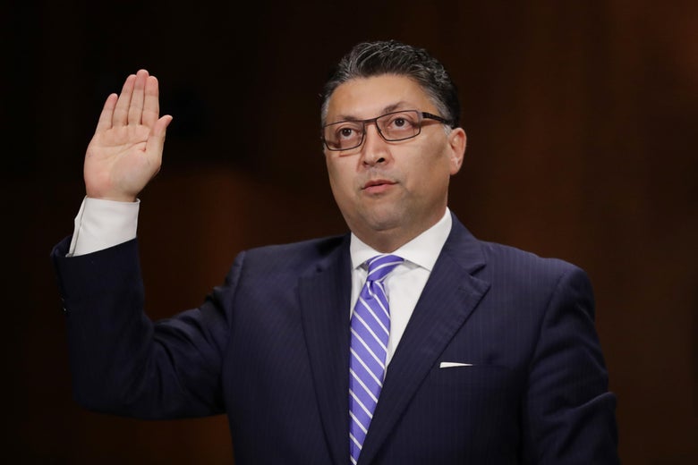 WASHINGTON, DC - OCTOBER 03: U.S. Assistant Attorney General for Antitrust Makan Delrahim is sworn in before testifying to the Senate Judiciary Committee during an oversight hearing on the enforcement of antitrust laws in the Dirksen Senate Office Building on Capitol Hill October 03, 2018 in Washington, DC. The committee continues to be the focus of many in Washington after it requested that the FBI conduct a supplementary investigation into sexual assault allegations against Supreme Court nominee Judge Brett Kavanaugh. (Photo by Chip Somodevilla/Getty Images)