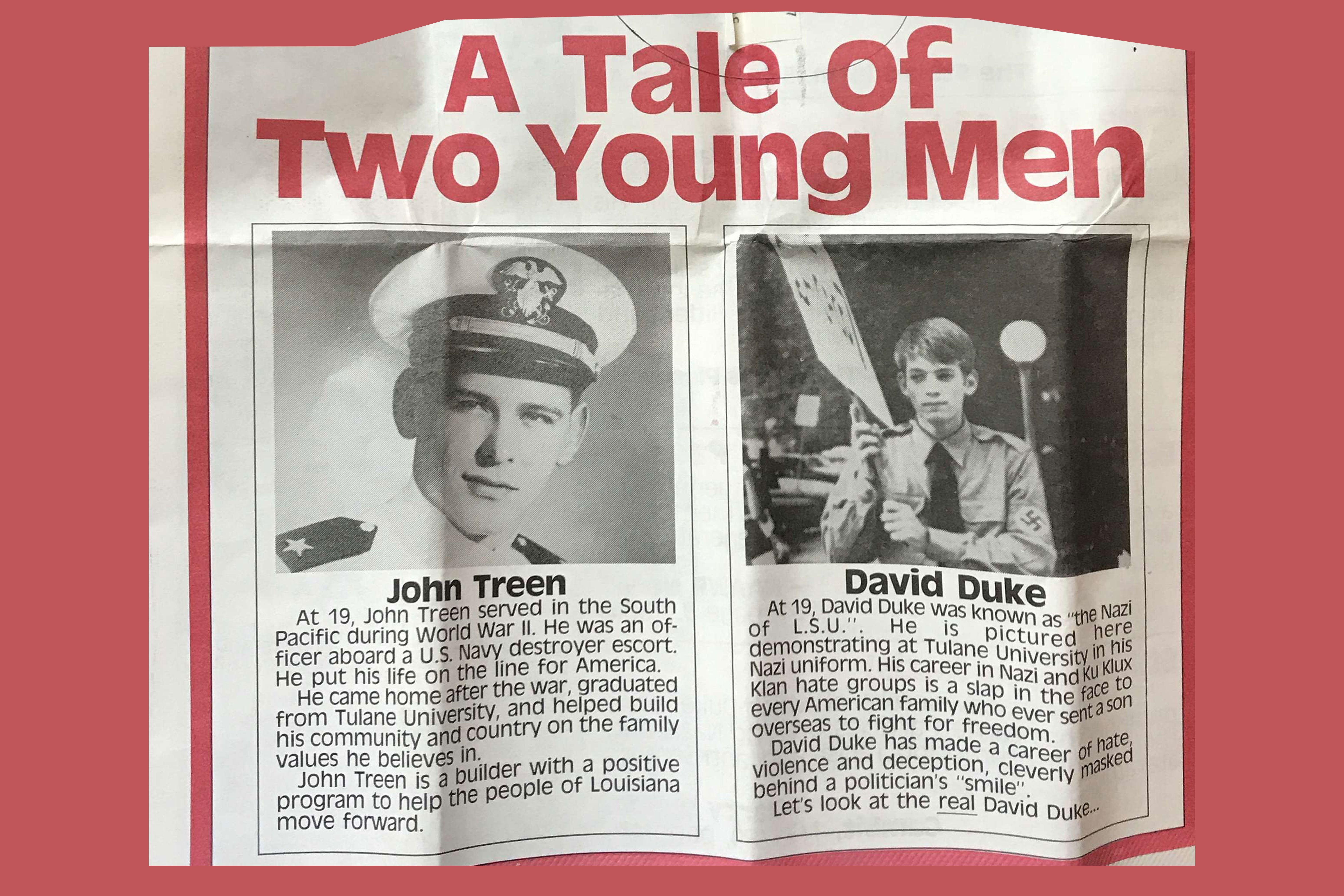 Photo of the flyer described above. It reads "A Tale of Two Young Men," with Treen on left in Navy whites and a description below, and Duke on right in his Nazi brownshirt uniform and description below.