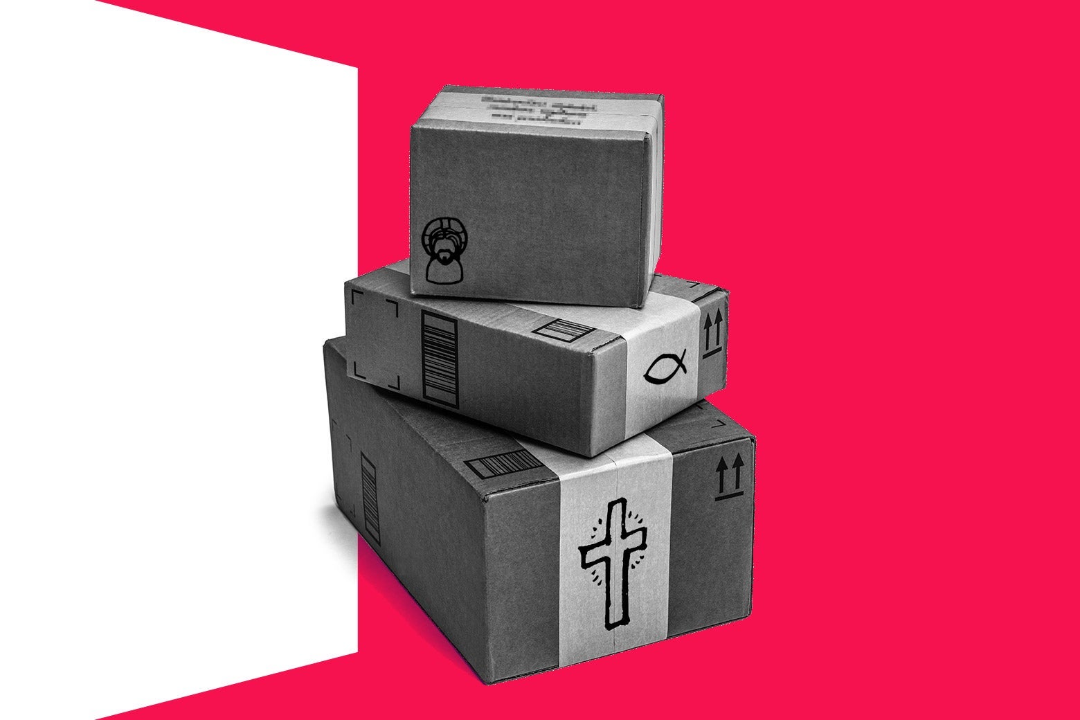 A few stacked packages with religious symbols drawn on them.