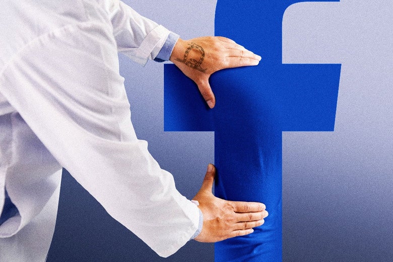 Man in a white coat with a Q tattoo on his left hand palpates a Facebook logo like it's a person's back