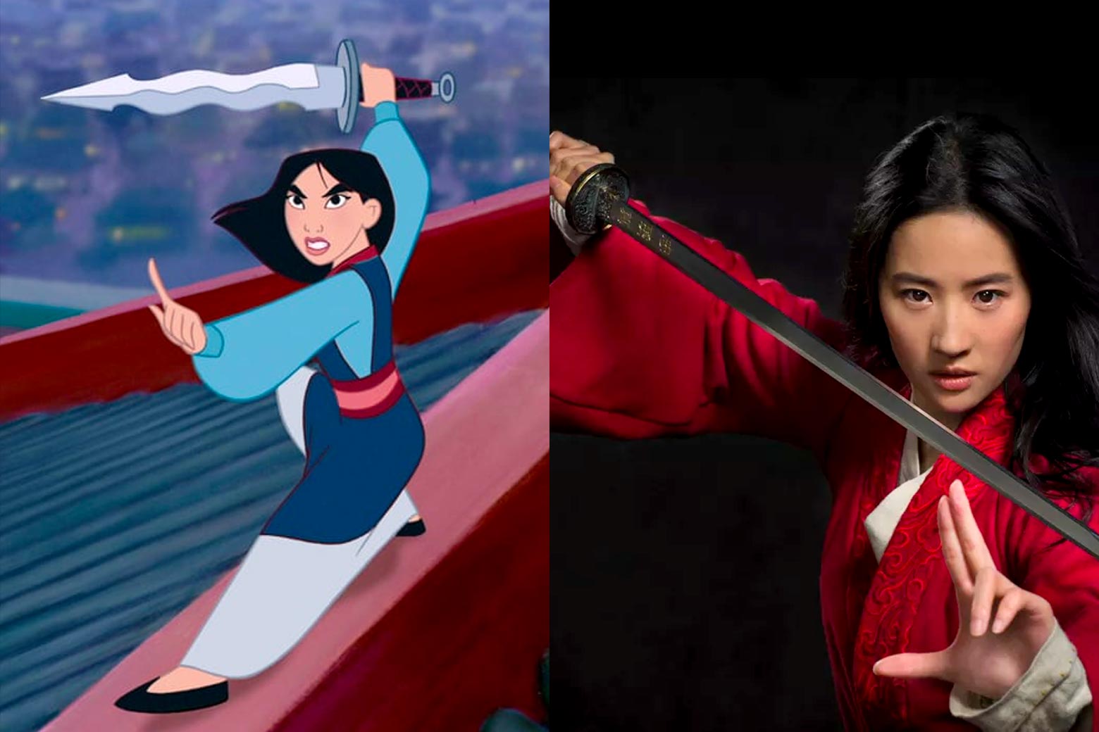 Mulan in the 1998 animated film, and Liu Yifei as Mulan in the 2020 remake.