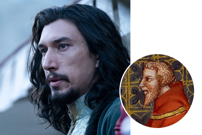 Adam Driver in the film with long hair and a goatee. An inset image shows a historic depiction of a knight with wavy hair to his neck and a beard.