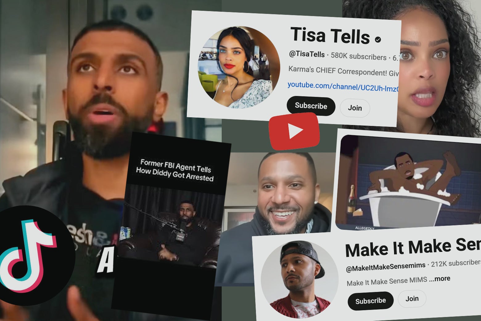 Collage of new-media content creators livestreaming on YouTube and TikTok about the Diddy trial.