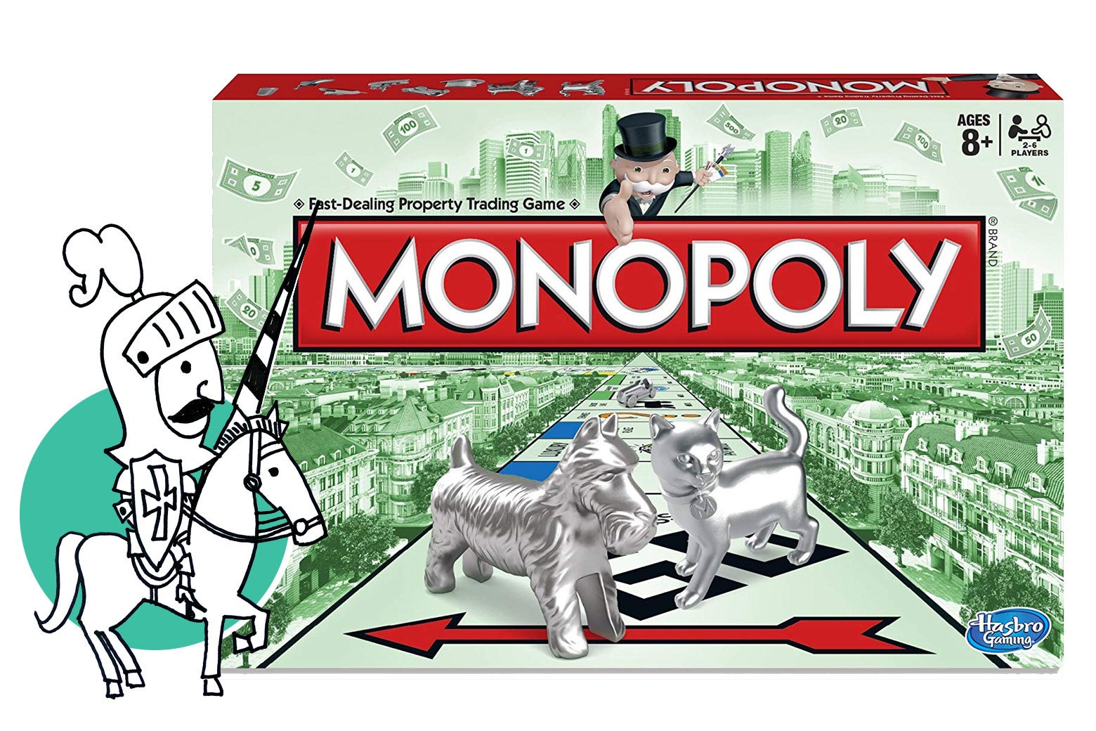 A Monopoly game being defended by a knight.