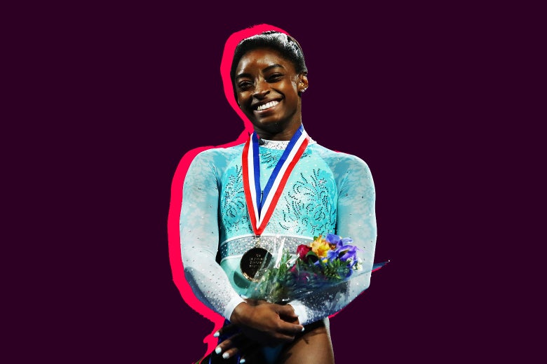 Simone Biles stands on the podium after winning her record fifth U.S. all-around title at the U.S. Gymnastics Championships 2018 in Boston on Sunday.