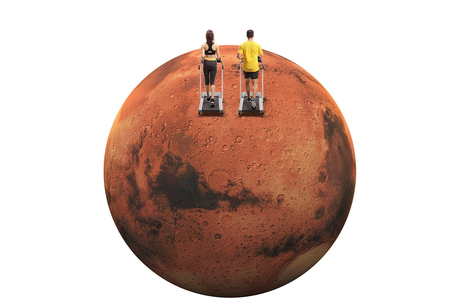 Photo illustrations of two people jogging on treadmills on Mars
