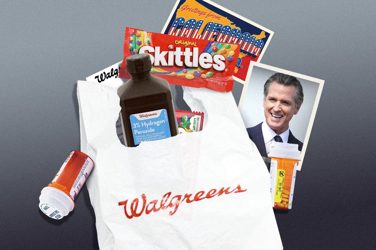 A Walgreens bag with various things sticking out of it that the state of California has purchased, such as Skittles, hydrogen peroxide, a photo of Gavin Newsom, prescription drugs.