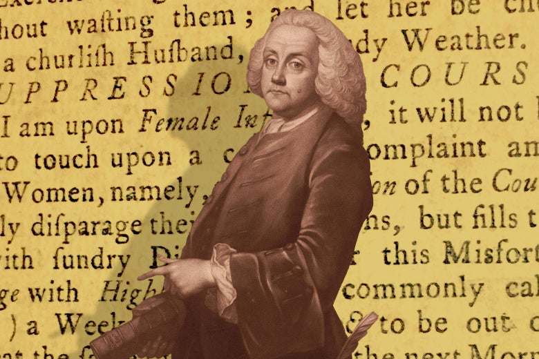 An image of Ben Franklin superimposed on a page from his textbook.