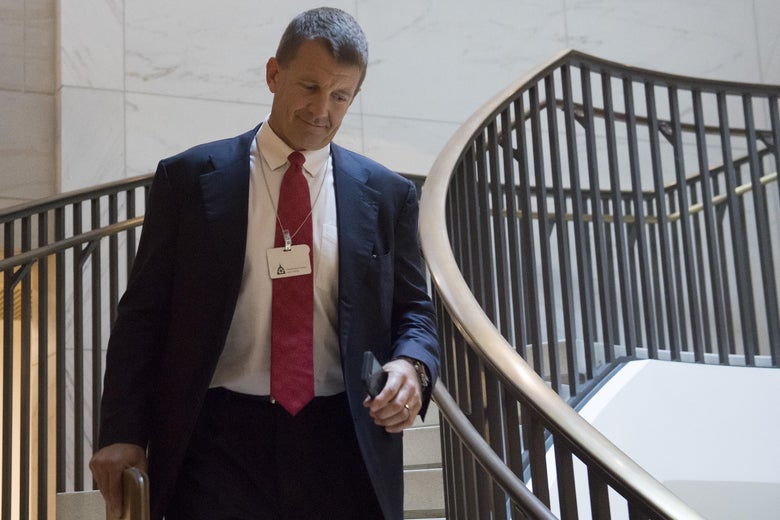 Erik Prince arrives to testify during a closed-door House Select Intelligence Committee hearing on Capitol Hill in Washington, DC, November 30, 2017.