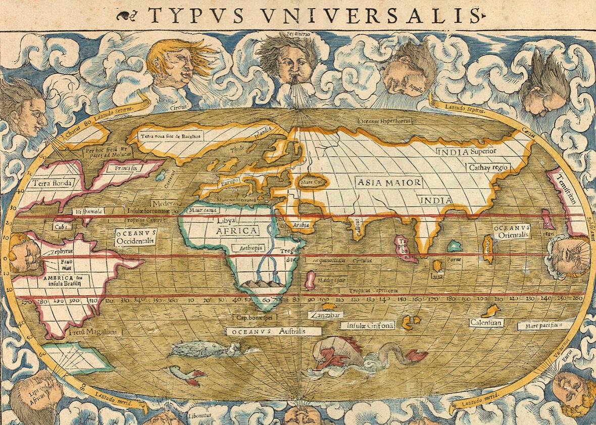 Typus Universalis. World map surrounded by illustrations of wind heads, 1542. 
