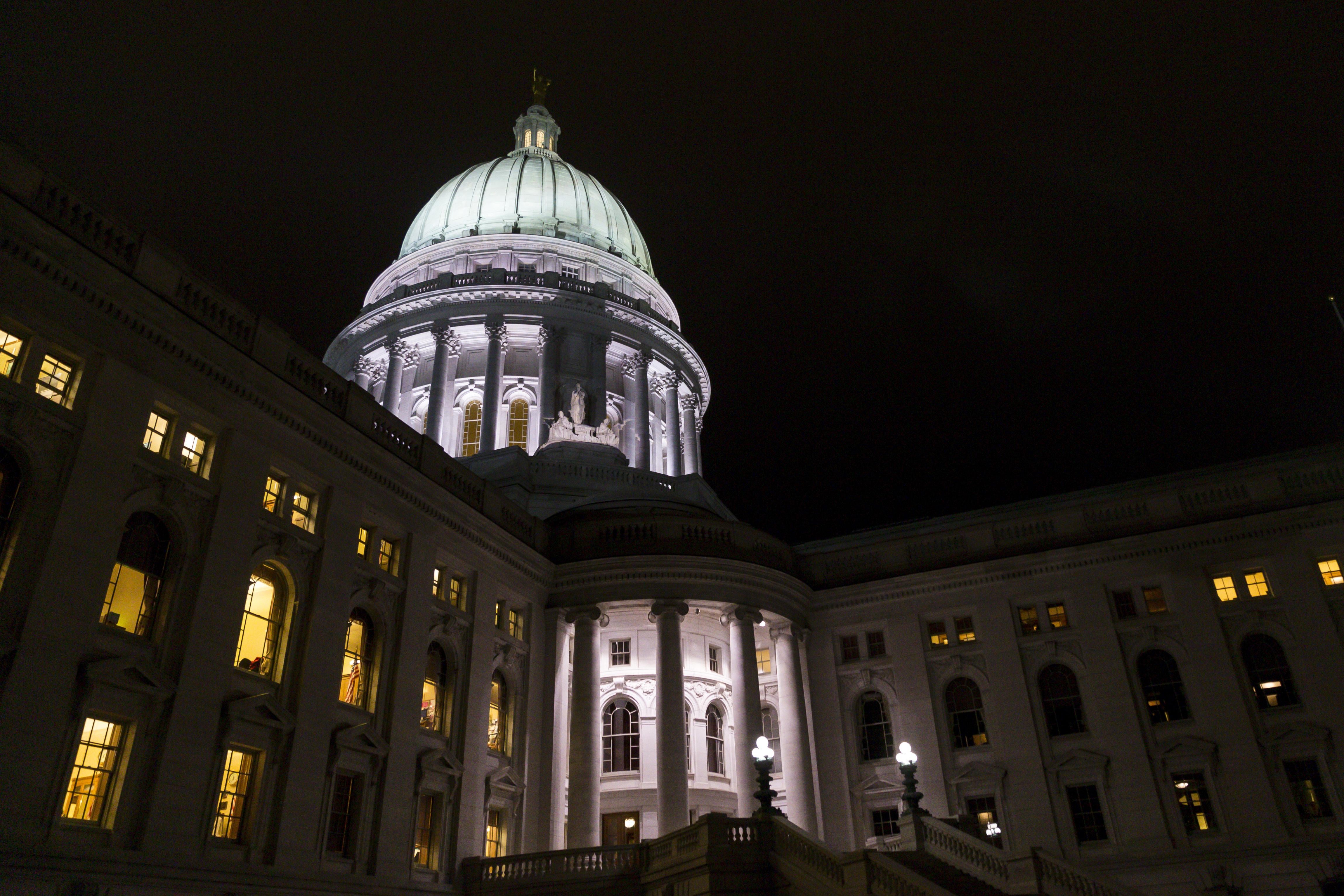 The Wisconsin State Capitol at night.