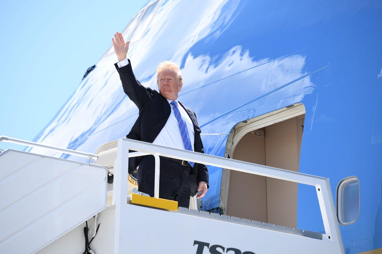 President Donald Trump boards Air Force One prior to departure from Canadian Forces Base Bagotville in Canada, June 9, 2018. 