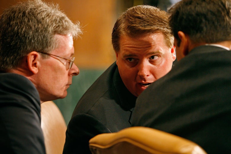 Emmet Flood (left) is seen when he was White House special counsel during then-President George W. Bush's administration on August 2, 2007 in Washington, D.C.