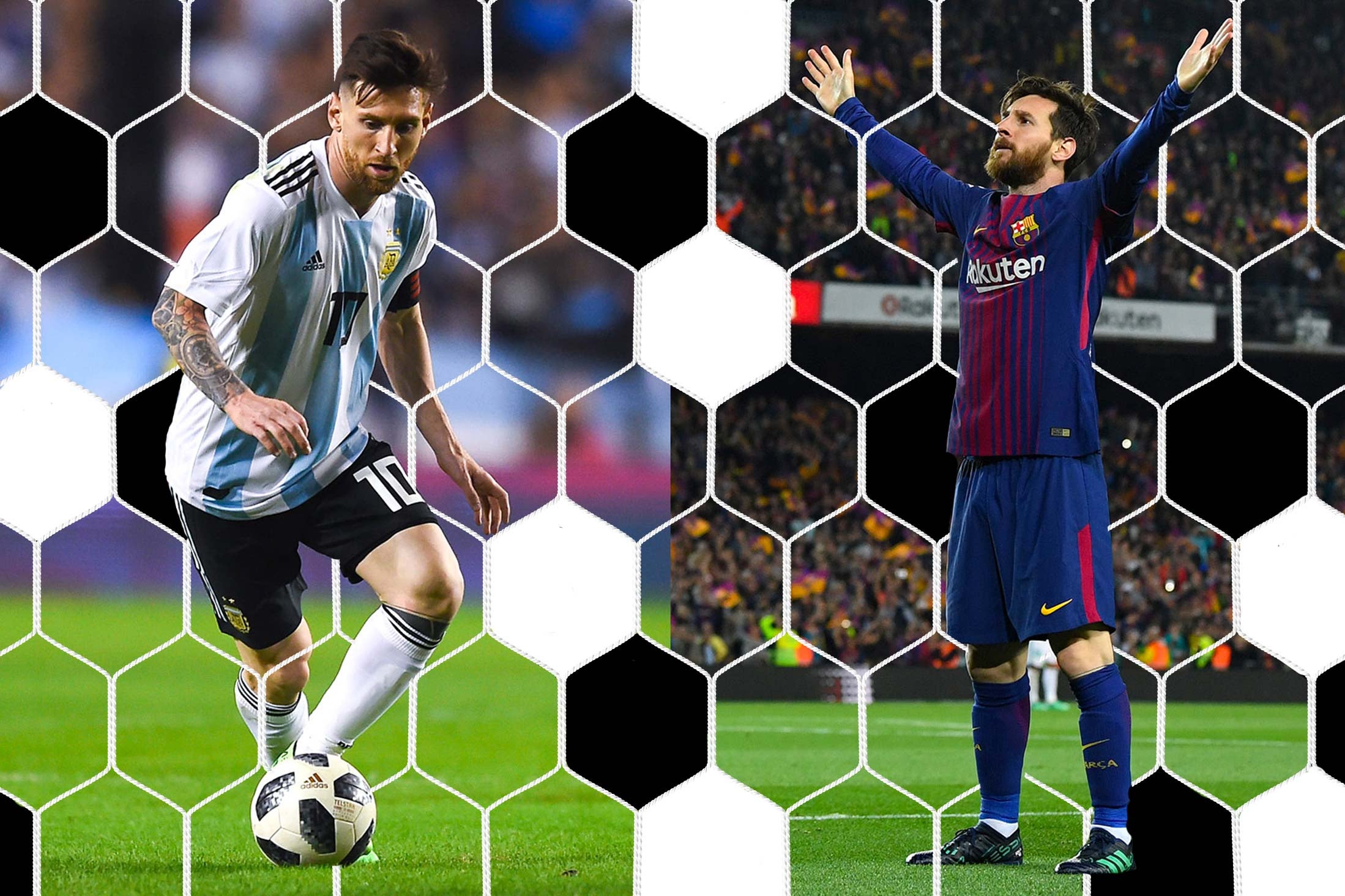 On left, Lionel Messi playing for Argentina. On right, Lionel Messi playing for Barcelona. 