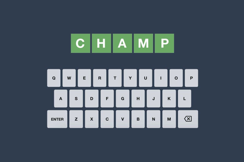 A keyboard is seen below a row of five blocks that spell CHAMP.