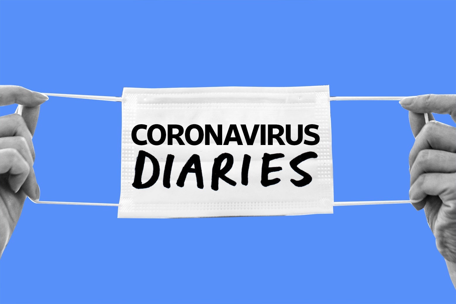 Two hands hold out a mask that says "coronavirus diaries."