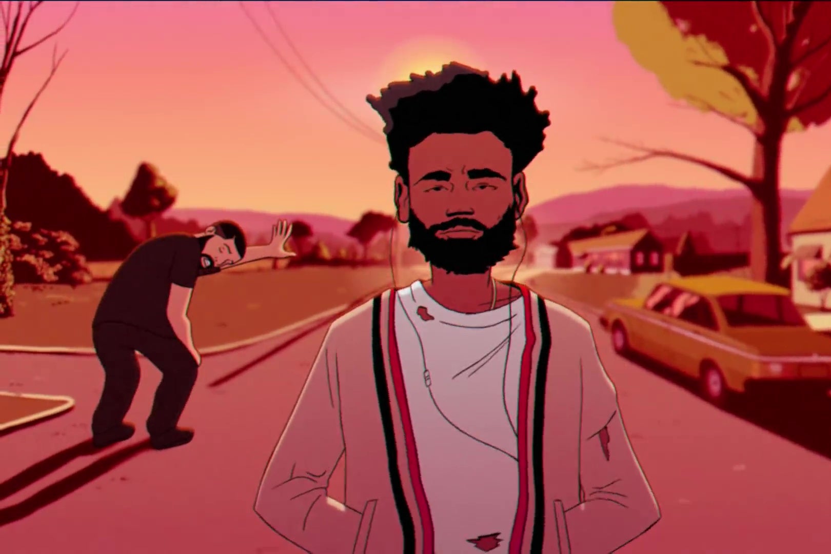 An animated version of Drake, bent over and out of breath.