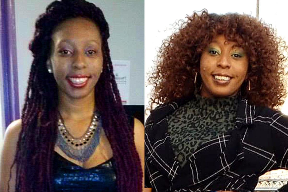 Ni-Asia McMurty's salon-styled hair on the left, showing braids, and her self-styled hair on the right, natural curls.