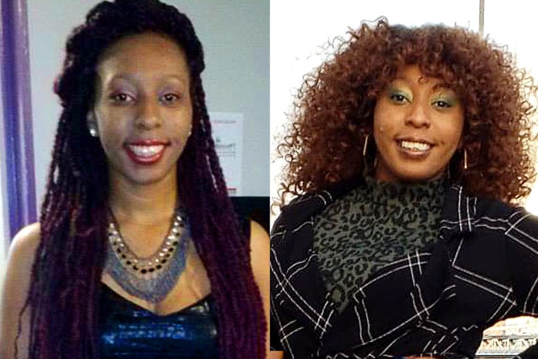 Ni-Asia McMurty's salon-styled hair on the left, showing braids, and her self-styled hair on the right, natural curls. 