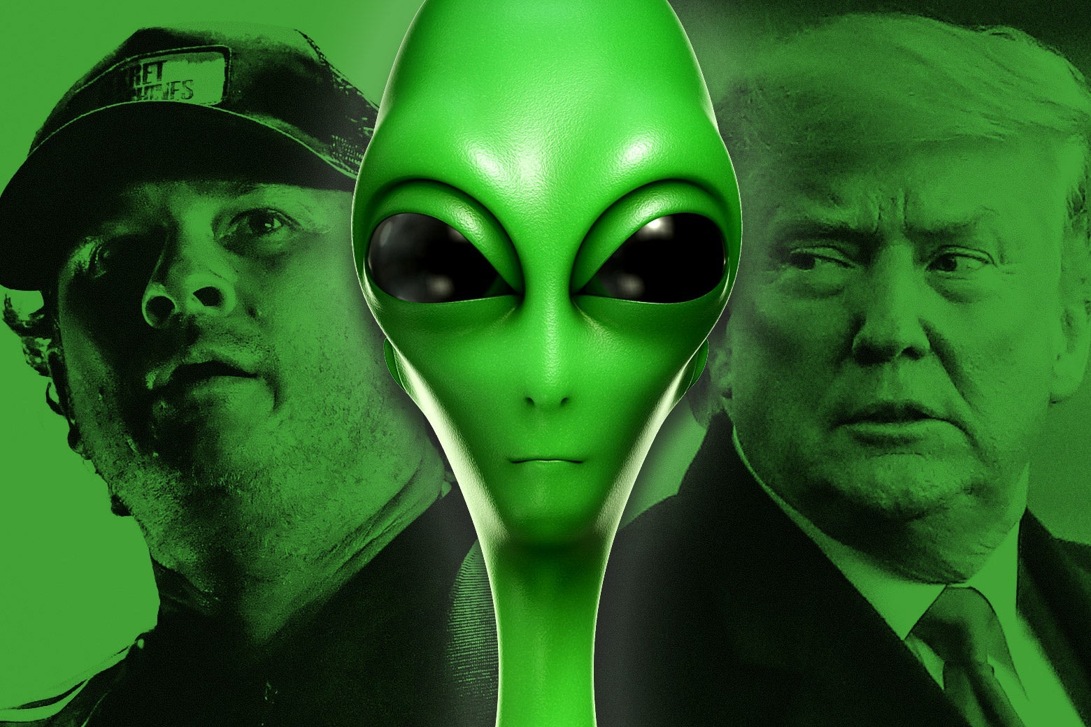 Tom DeLonge, a green alien, and Donald Trump.