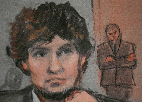 A courtroom sketch shows accused Boston Marathon bomber Dzhokhar,A courtroom sketch shows accused Boston Marathon bomber Dzhokhar Tsarnaev 