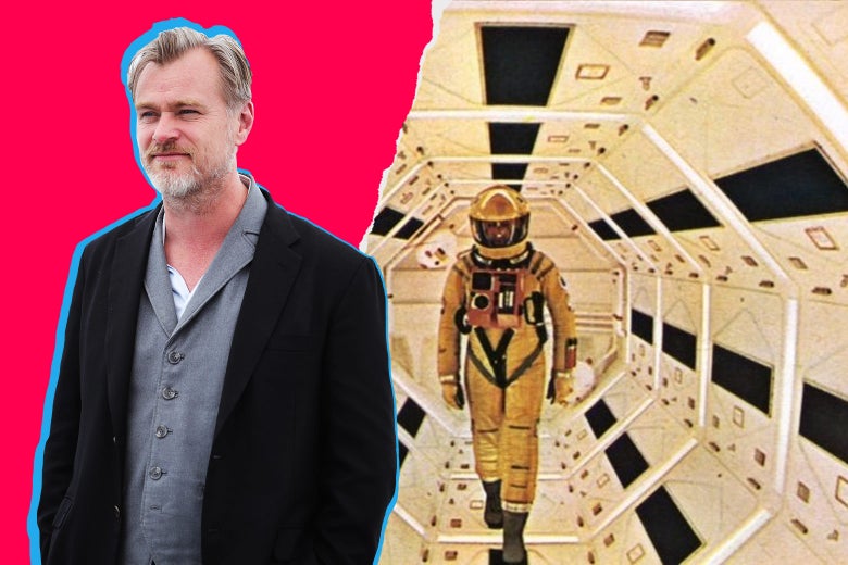 A collage featuring Christopher Nolan at Cannes and a still from 2001: A Space Odyssey.