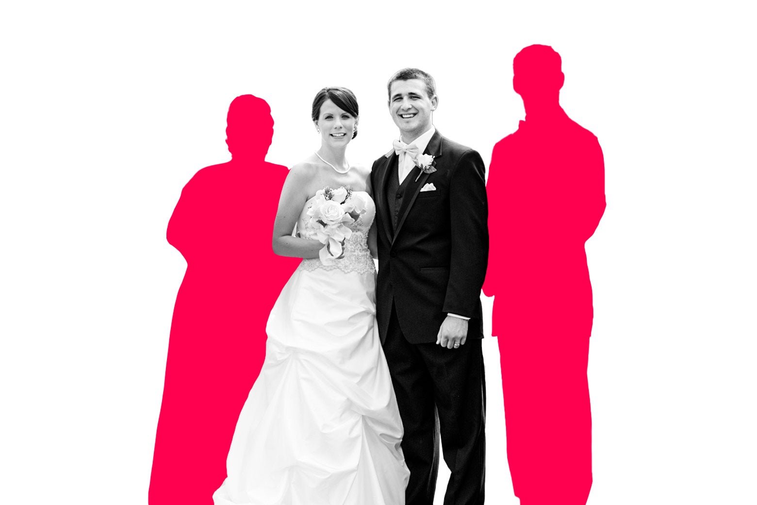 Bride and groom standing side by side with two people standing next to them on either side.