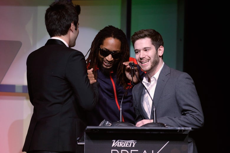 Honorees Rus Yusupov (L) and Colin Kroll (R) accept the Breakthrough Award for Emerging Technology from rapper Lil Jon (C) onstage at the Variety Breakthrough of the Year Awards during the 2014 International CES at The Las Vegas Hotel & Casino on January 9, 2014 in Las Vegas, Nevada.