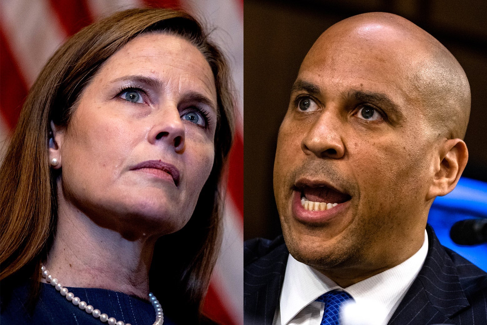 Amy Coney Barrett headshot on the left and Cory Booker headshot on the right