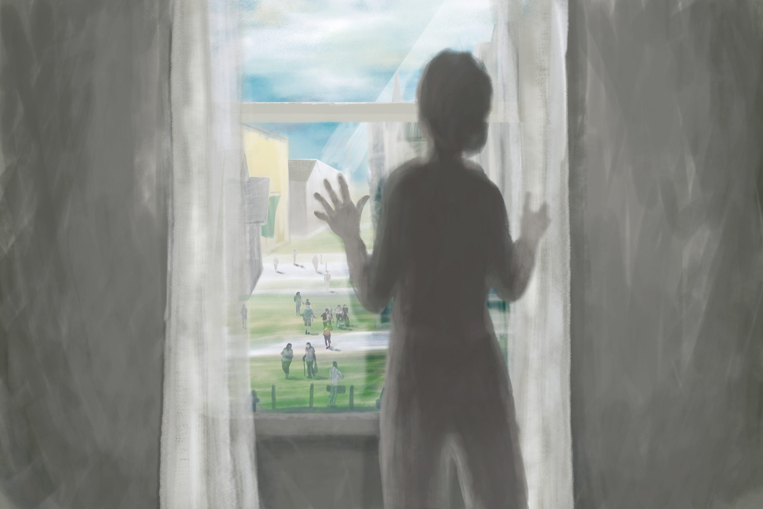 Illustration of a woman standing at a window looking out longingly at people walking outside
