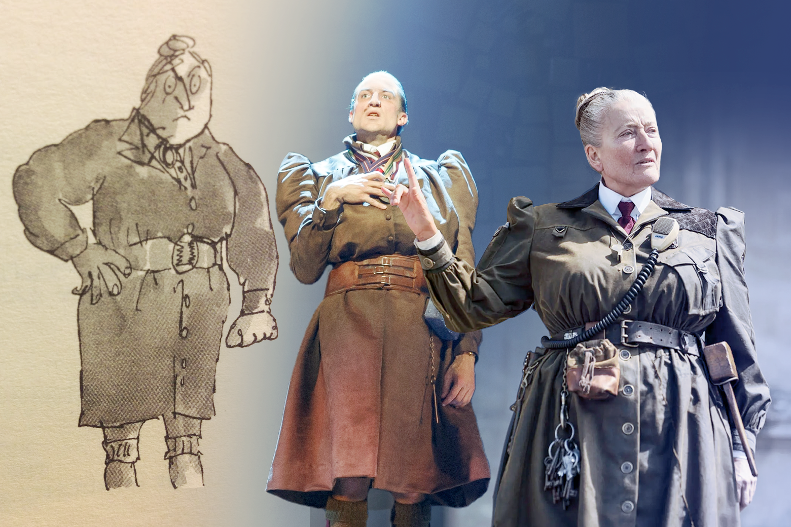 The book illustration, the musical version, and the most recent movie version of images of the Trunchbull are contrasted.