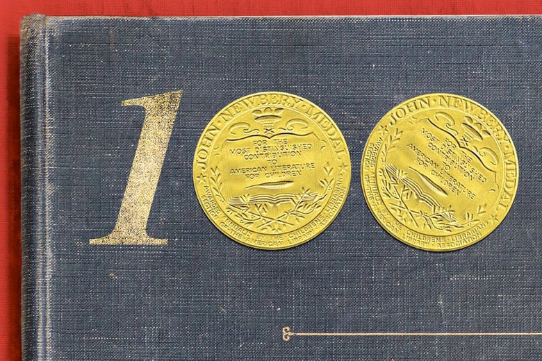 A book cover displays the number 100, with the zeroes filled in by Newbery Medals.