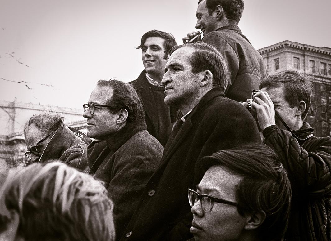 Podium, anti-Vietnam war demonstration (Arthur Miller, William Sloane Coffin, William Styron), New Haven, Connecticut, March 1968.