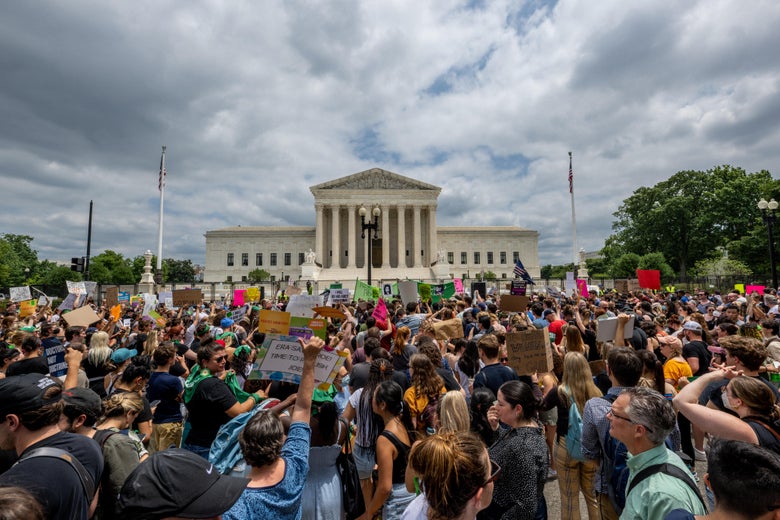 A crowd of protesters in front of the Supreme Court