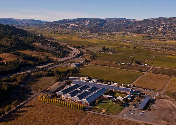 Clos du Bois Winery, located in the Alexander Valley, near Healdsburg, California, features solar paneled roofs.