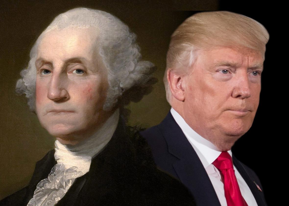 Photo illustration by Slate. Photo by Saul Loeb/Getty Images. Painting by Gilbert Stuart/Wikipedia.