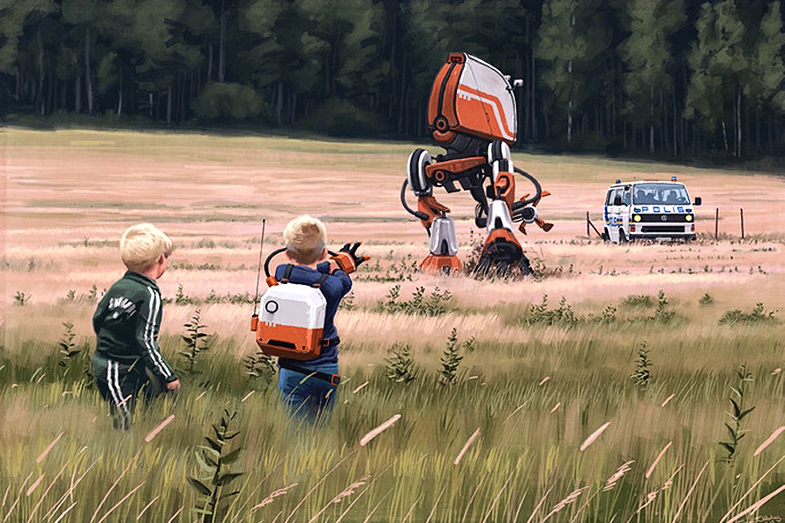 Two children encountering a robot in a field.