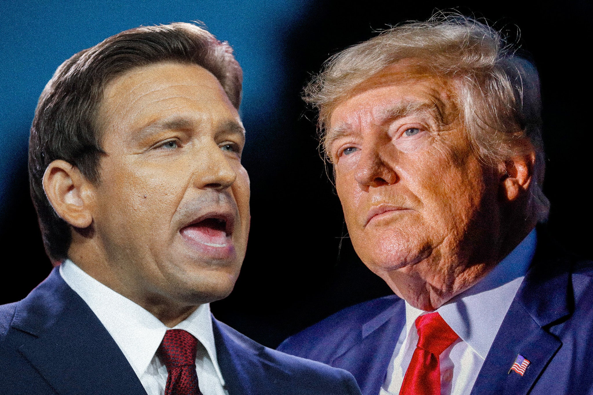 De Santis and Trump, both wearing blue suits, are seen from the shoulders up next to each other in a blended image.