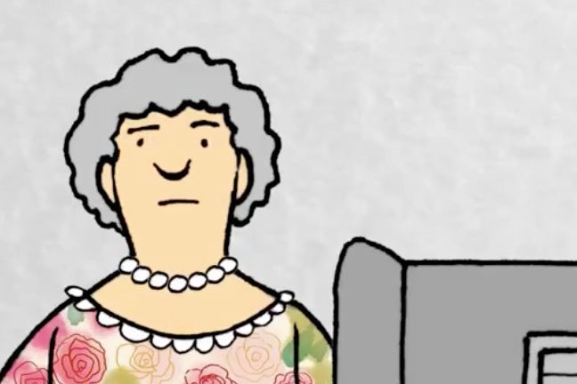 A drawing of an older woman in front of a voting booth