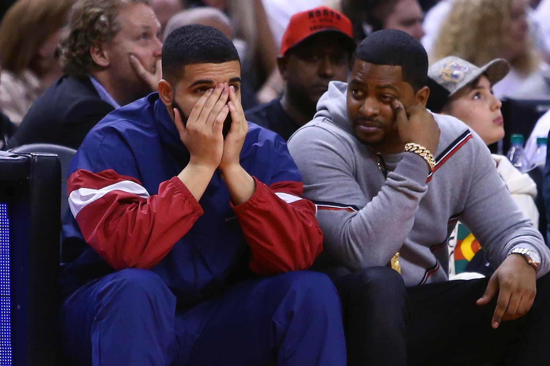 Drake looks on from his court side seat in the second half of Game Two of the Eastern Conference Semifinals between the Cleveland Cavaliers and the Toronto Raptors during the 2018 NBA Playoffs at Air Canada Centre on May 3, 2018 in Toronto, Canada.  NOTE TO USER: User expressly acknowledges and agrees that, by downloading and or using this photograph, User is consenting to the terms and conditions of the Getty Images License Agreement.