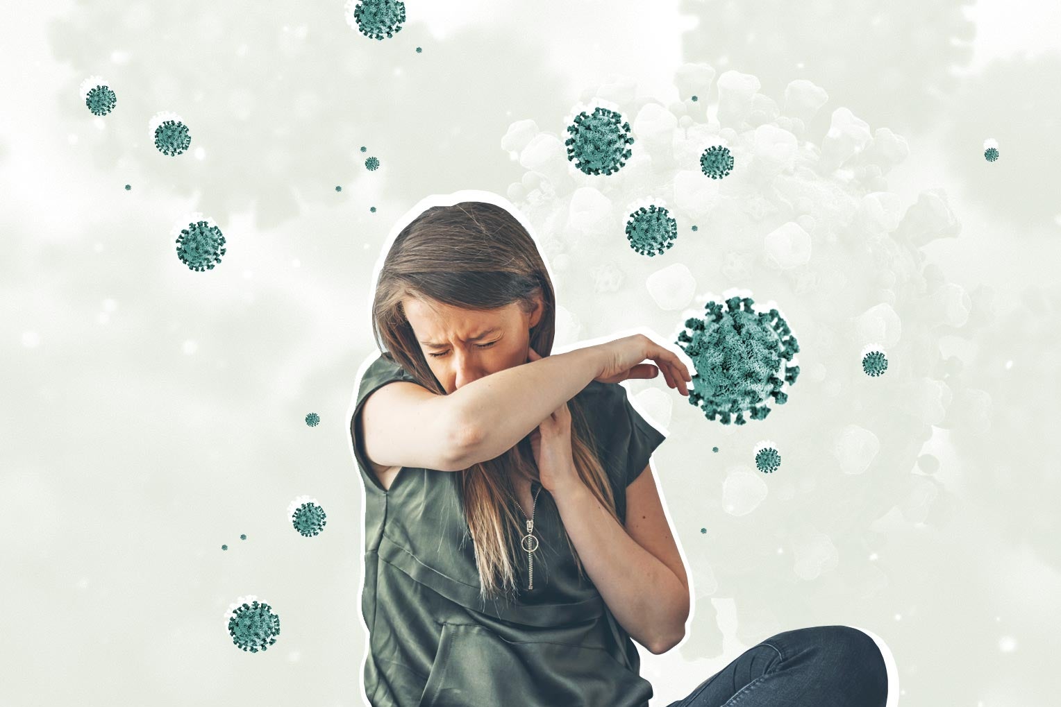A woman coughs into her elbow with a visualization of the SARS-CoV-2 virus behind her.