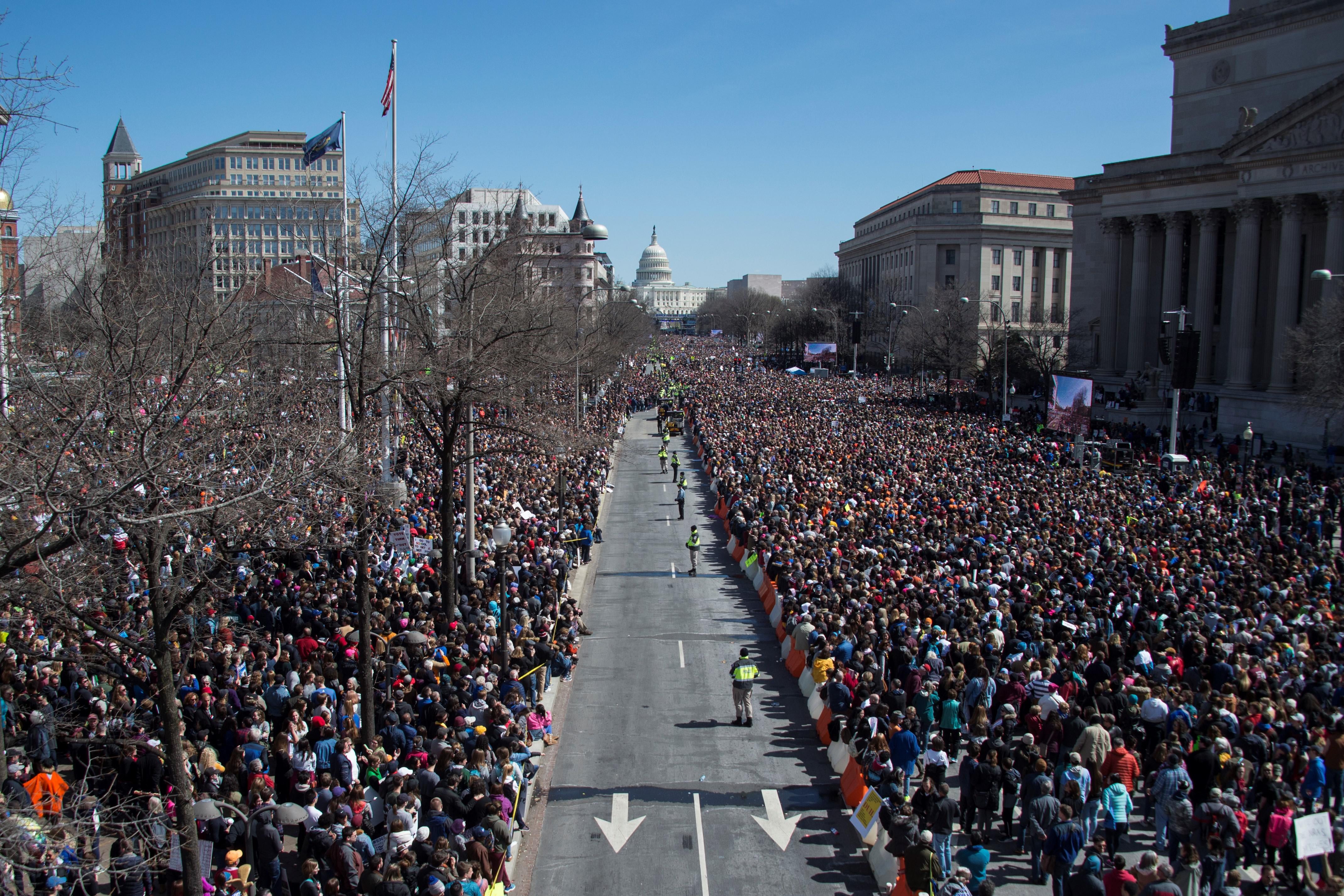 Thousands of people gather on Pennsylvania Avenue during the March For Our Lives rally against gun violence in Washington, D.C. on March 24, 2018. 