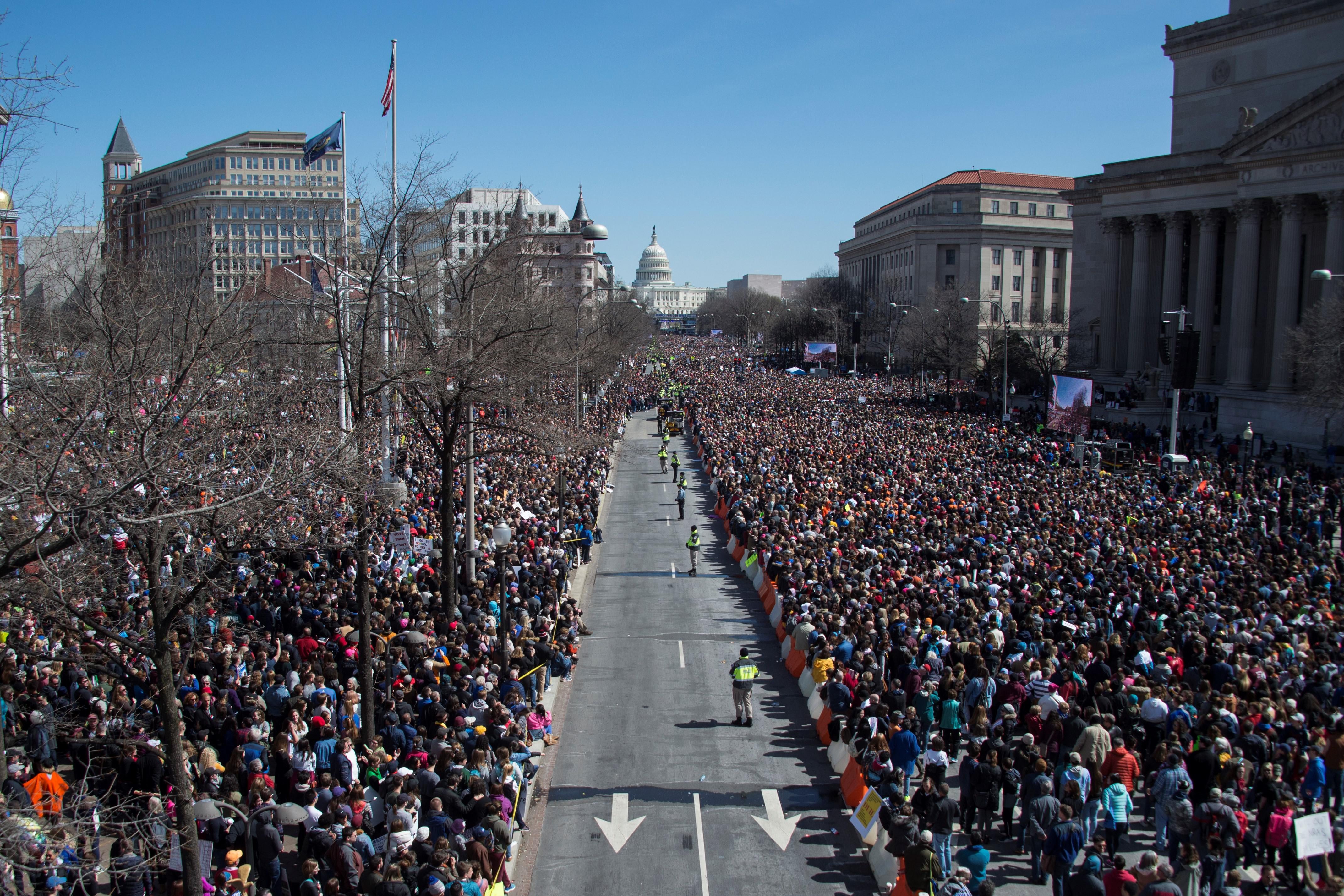 Thousands of people gather on Pennsylvania Avenue during the March For Our Lives rally against gun violence in Washington, D.C. on March 24, 2018.