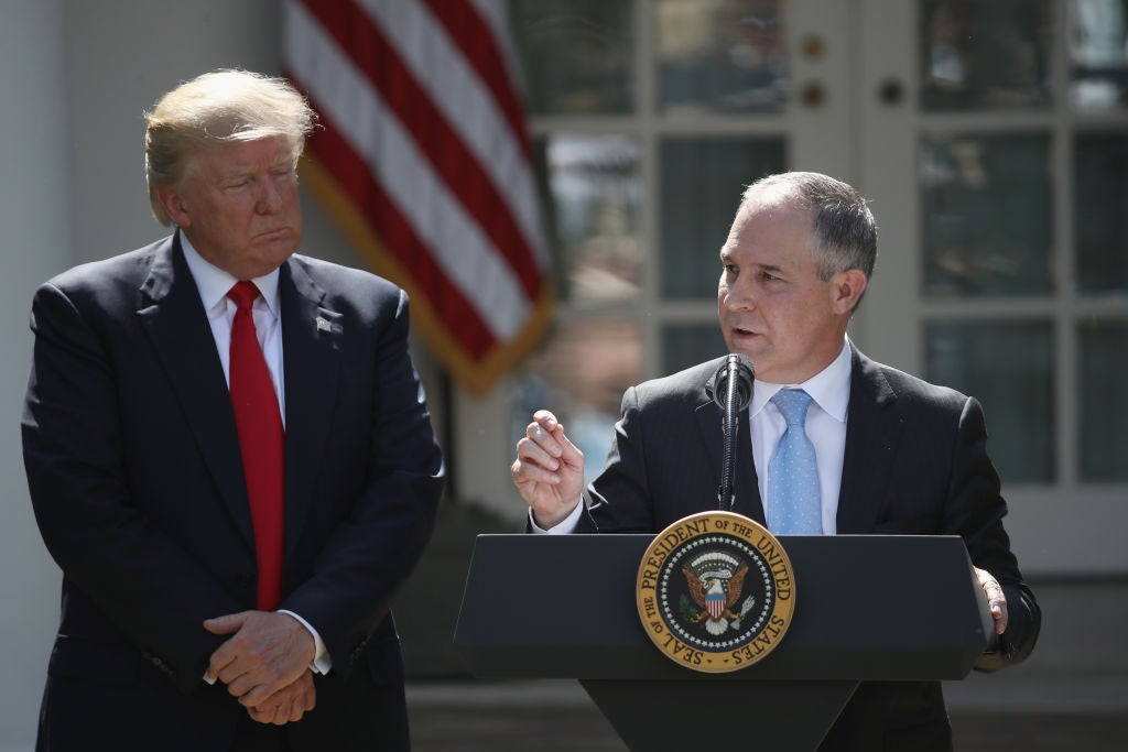 Donald Trump with Environmental Protection Agency chief Scott Pruitt at the White House on June 1, 2017.